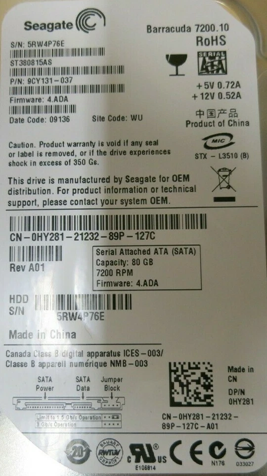 Seagate ST380815AS 9CY131-037 Barracuda 7200.10 80GB 72000RPM 8MB 3.5" HDD - Image 3 of 3