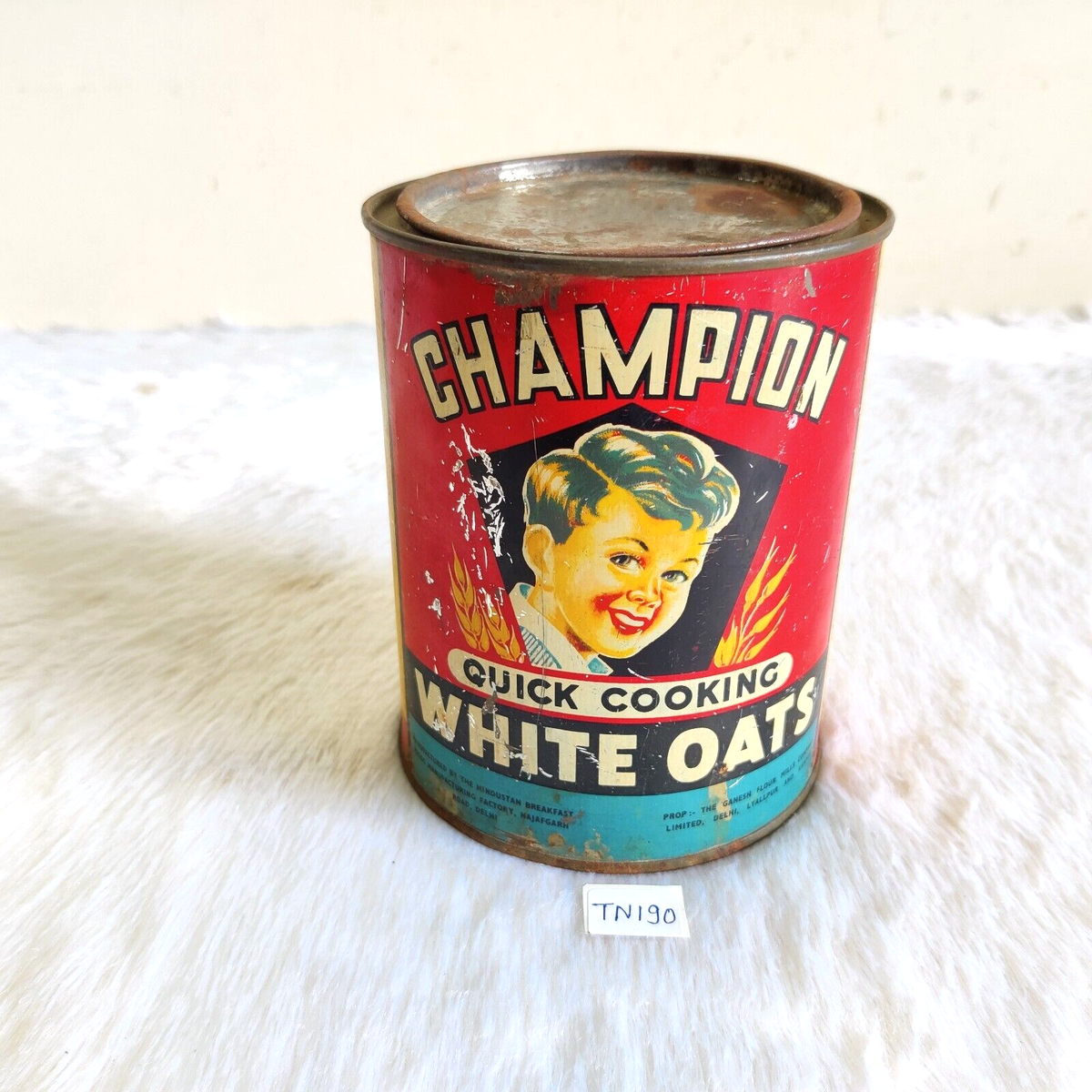 1930s Vintage Champion White Oats Advertising Litho Tin Box Round
