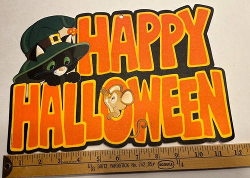 Vintage Hallmark Halloween Die Cuts Black Cat Witch & Mouse Happy Halloween Sign - Picture 11 of 12