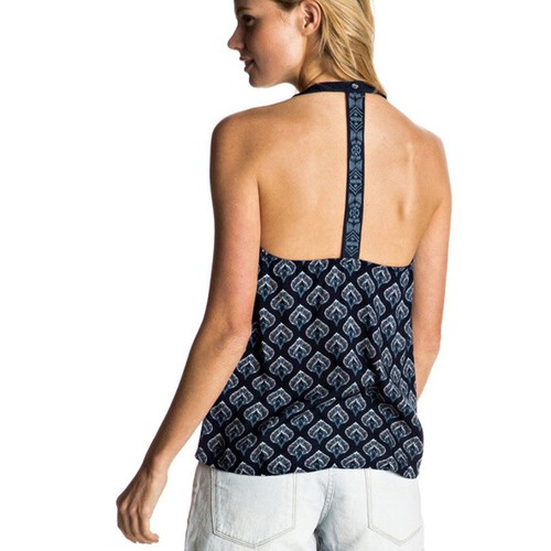 Roxy Tank Top Juniors Medium Blue Halter Racerback Floral Pattern Open ...