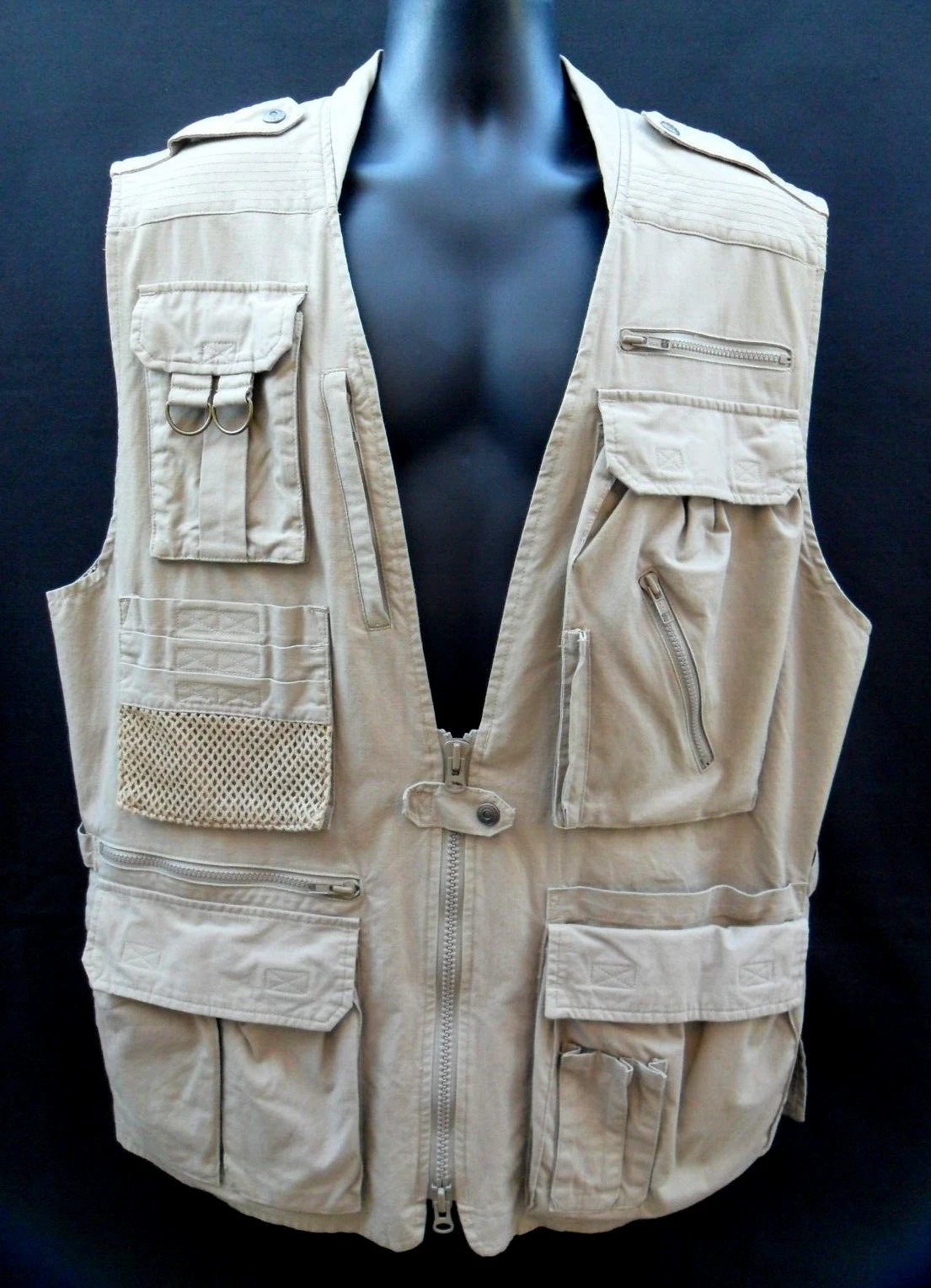 BANANA REPUBLIC KHAKI UTILITY VEST SAFARI TRAVEL PHOTOGRAPHER FISHING LARGE EUC!