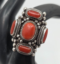 Vintage Nepal Tibetan Sterling Silver Coral Large Tall Ring Size 7