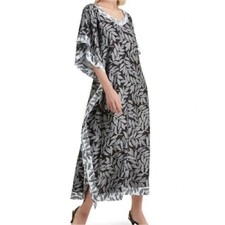 H by Halston Black Gray Leaf Print V-Neck Kaftan Maxi Dress M/L Quiet Luxury