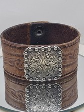 Brown Leather Cuff Bracelet Silver Tone Western Concho Snap Boho Hand Tooled