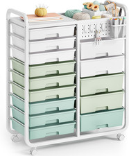 14-Drawer-Storage-Craft-Organizer-Trolley-Cart with DIY Pegboard & Hanging Baske