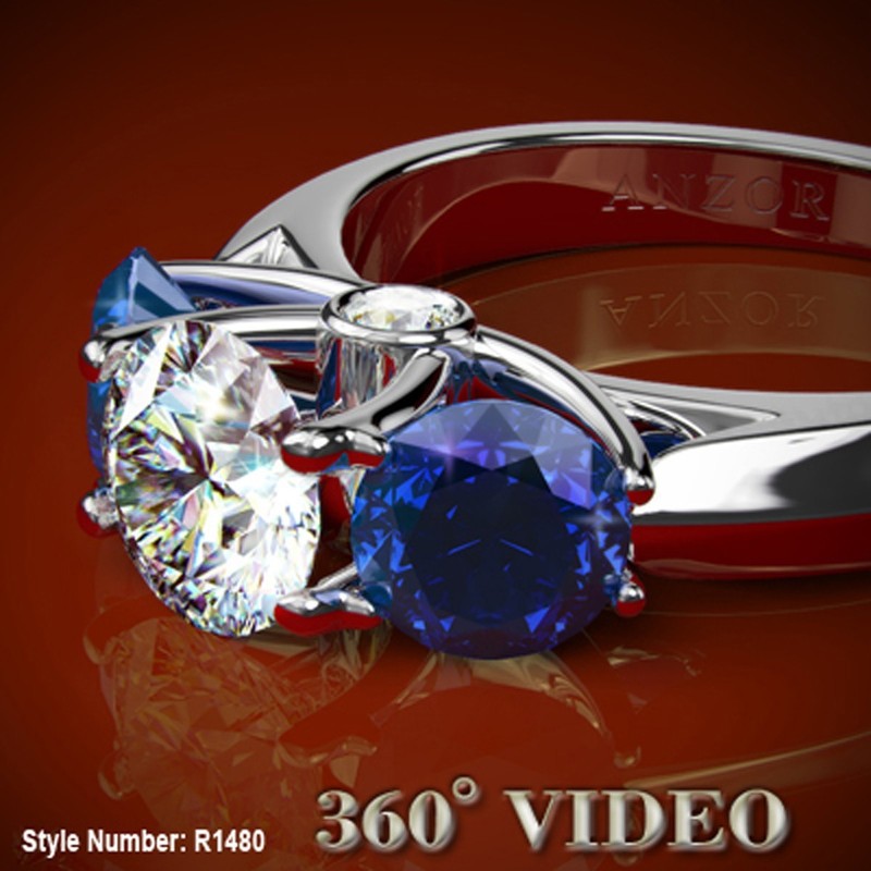 White and Blue Sapphire Diamond Engagement Ring 14k solid gold #R1480
