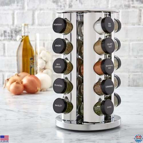 20 Jar Revolving Spice Rack with Spices & 5-Year Free Refills, Stainless Steel - Picture 4 of 6