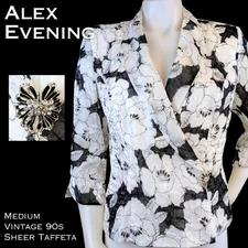 Alex Evenings Crop Evening Jacket Medium Black White Floral Sheer Taffeta VTG