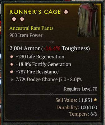   DIABLO 4 SEASON 13   3 GA   Ancestral Rare Pants   Level 70