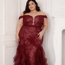 Lucci Lu Wine Red Off Shoulder Mermaid Embroidered Pageant Prom Gown Sz 22