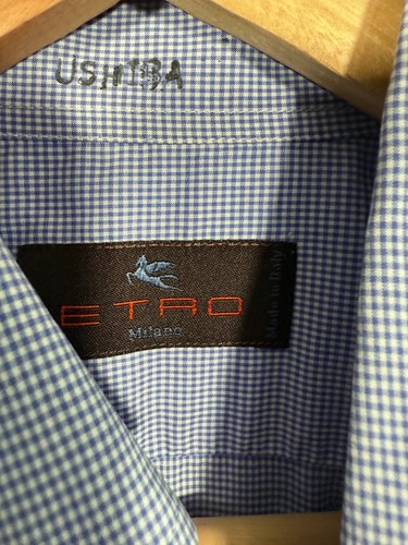 Etro Button Down Shirt Mens Size 40 Check Blue Made in Italy - Picture 3 of 7