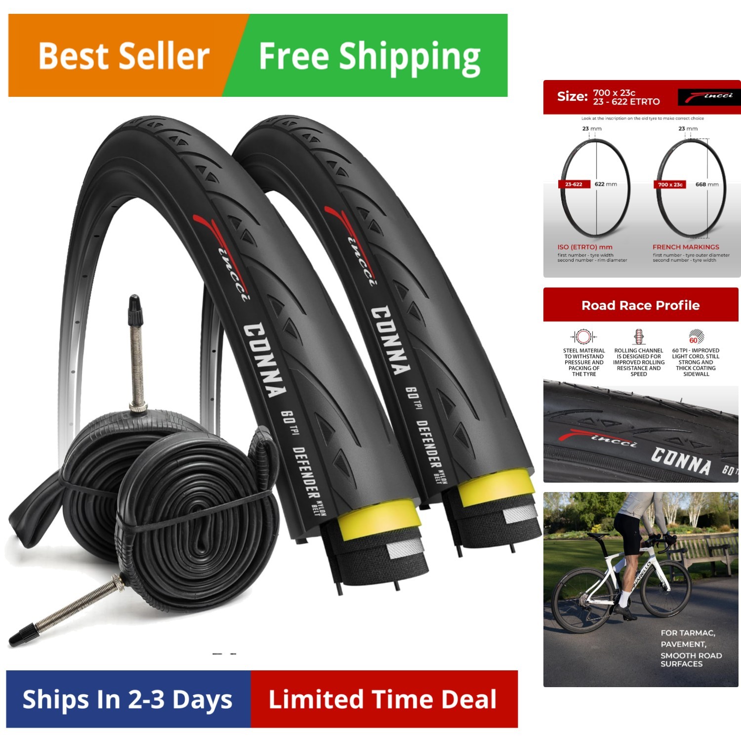 Set 700x23c Tires Road Bike with 2X Bicycle Inner Tubes 700c - Racing 23-622 ...