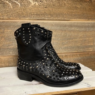 Strategia Ankle Boots Moto Studs Leather Black Size 35.5 Made In Italy Gothic