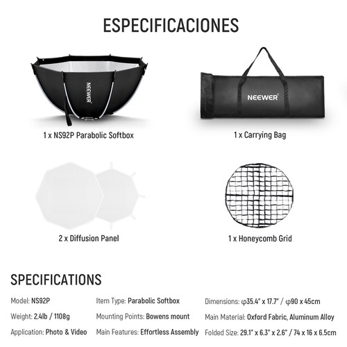 NEEWER NS92PD 35.4" Octagonal Softbox w/Bowens Mount, Diffuser & Grid - Picture 9 of 9