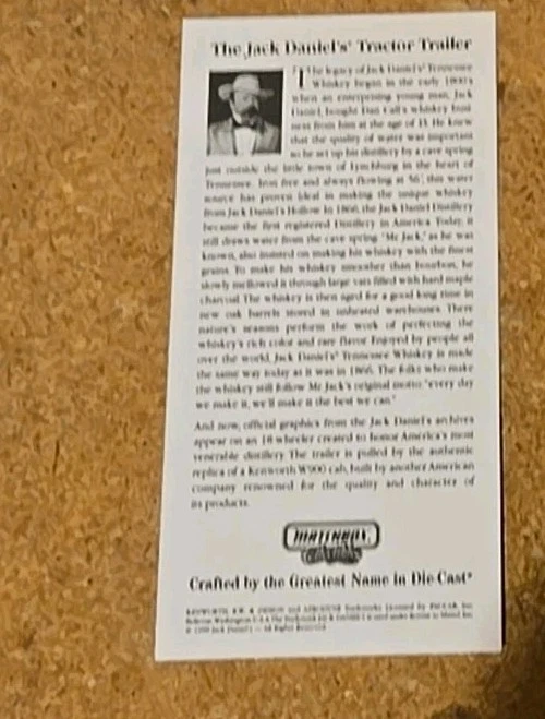 Jack Daniels Peterbilt 18 wheeler Tractor Trailer Die-cast Matchbox White COA - Image 3 of 4