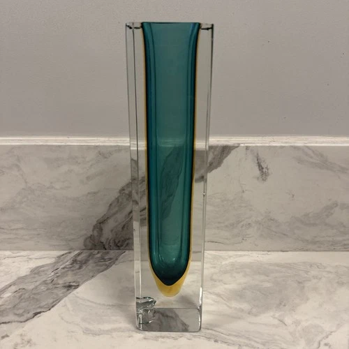 Murano Sommerso Art Glass Vase Vintage Large Green Yellow *Damaged Chips As-Is