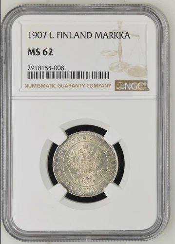 1 Markka FINLAND Silver Coin 1907 Russia NGC MS62 UNC