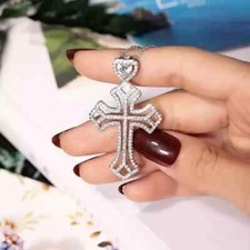 2 Ct Round Cut White Moissanite Women's Cross Pendant 14K White Gold Plated