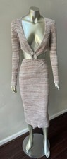 Stripe Knit midriff Baring Long Sleeve Sexy Sweater Midi Taupe Party Dress L