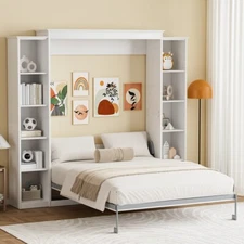 Queen Size Murphy Wall Bed Foldable Platform Bed with 2 Side Storage Shelves