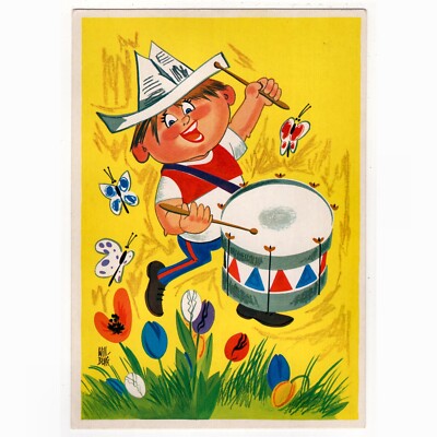 Artist postcard by Will Berg/a boy drumming, 1975