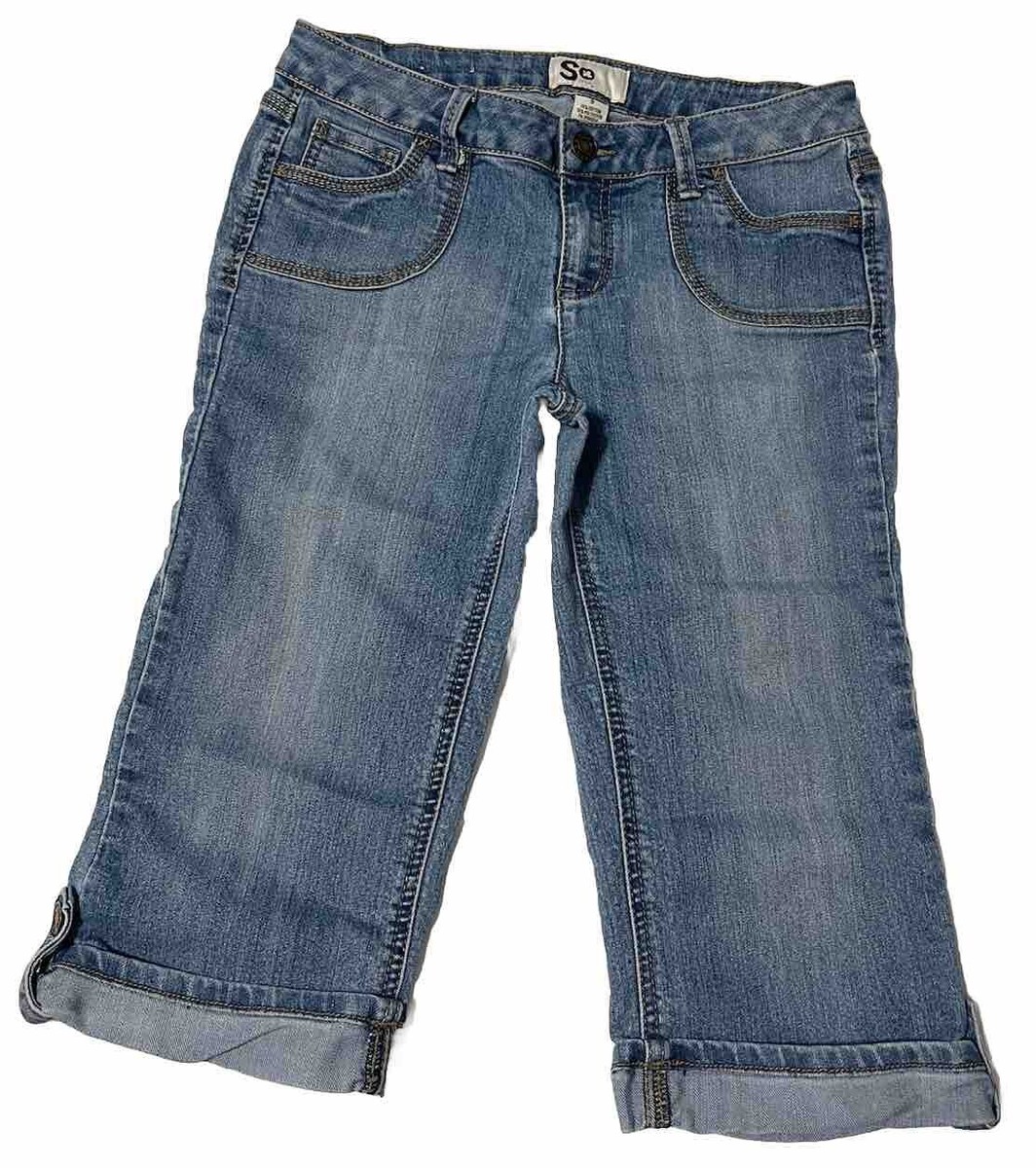 SO Women's Juniors Blue Capri Cuffed Cotton Blend Stretch Denim