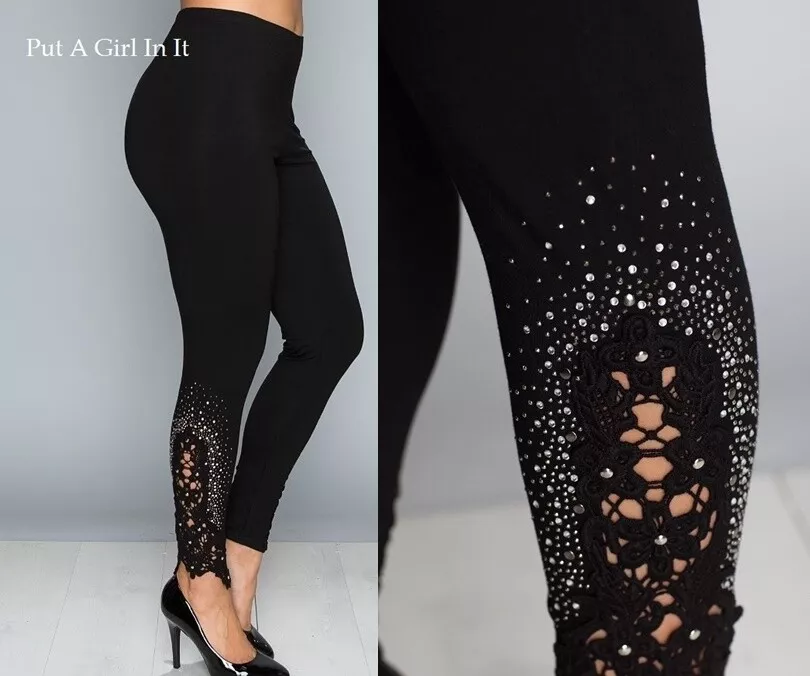 New VOCAL Womens PLUS SIZE CRYSTAL CROCHETED LACE BLACK LEGGINGS