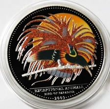 2009 SILVER PALAU $5 PROOF BIRD OF PARADISE COLORIZED CAPSULE EXCEPTIONAL ANIMAL