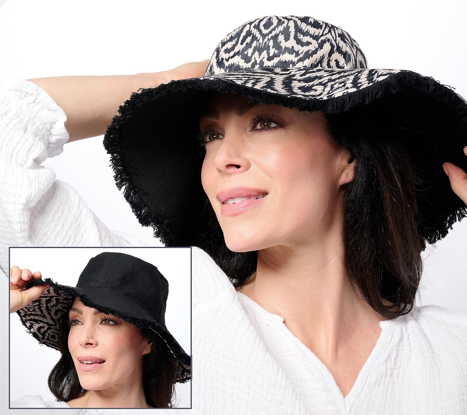 Sprigs Ikat Print Wide Brim Fringe Reversible Hat with UPF 50 OS Black Tan NEW