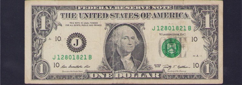 2009 US $1 Dollar Bill Banknote Fancy Serial # J 12801821 B almost Radar