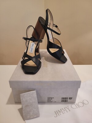 $795 Jimmy Choo ''Joya'' black leather sandals 85mm wooden block heel 38EUR/8US
