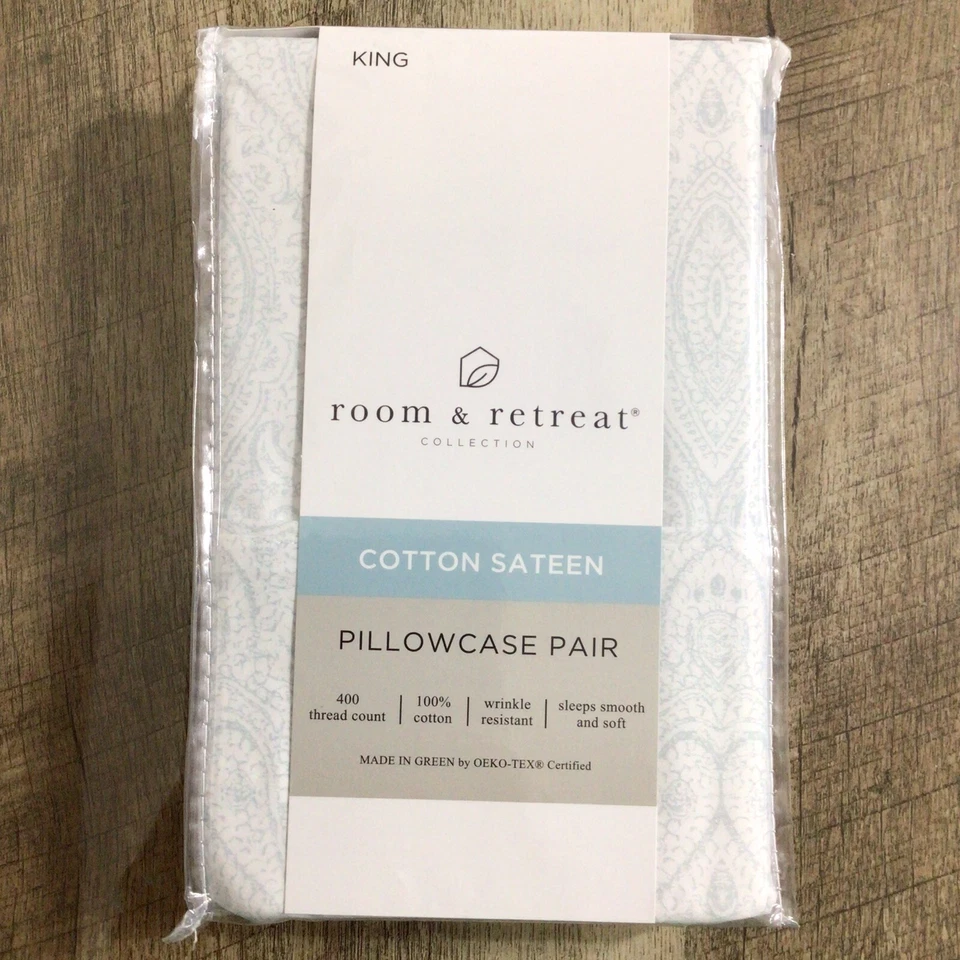 NUEVO Room & Retreat Collection Allie Azul Algodón Satén 2 Fundas de Almohada King Foto 2 de 4