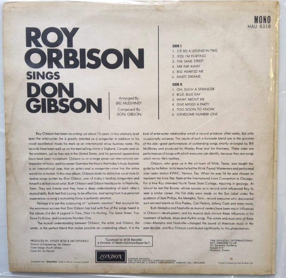 Roy Orbison – Roy Orbison Sings Don Gibson 1966 LP Album vinyl record - Image 3 of 4