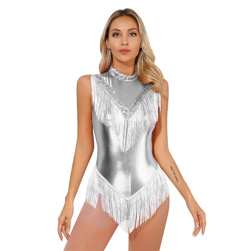 Women's Sequins Metallic Cocktail Tassel Dance Dress Fringed Costume Leotard - Picture 40 of 68