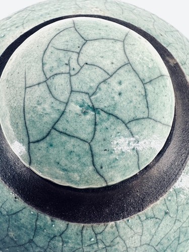 1998 VINTAGE RAKU Pottery Blue Crackle Glaze VASE w/lid SIGNED LOGAN WANNAMAKER - Picture 8 of 15