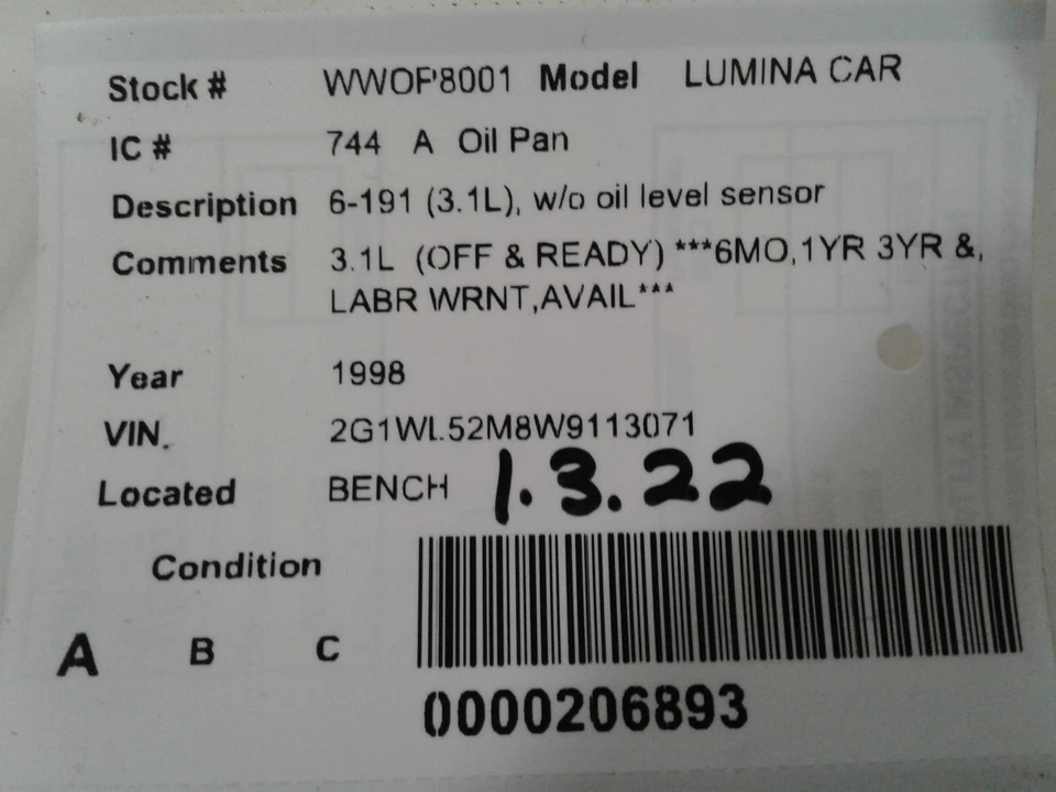 Used Engine Oil Pan fits: 1998 Chevrolet Lumina car 6-191 3.1L w/o oil level sen Foto 4 de 4