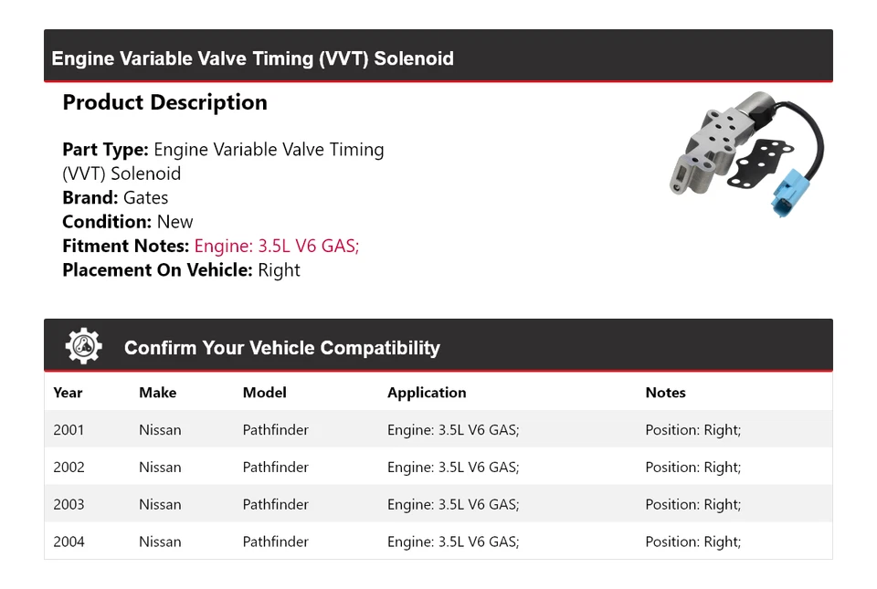 Para Nissan Pathfinder 2001-2004 3,5 L V6 motor de gas VVT solenoide puertas derechas 2002 Foto 2 de 4