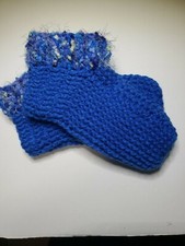 Handmade Women's Crocheted Slippers, Blue w/ multi blue Trim, Size L 9-11