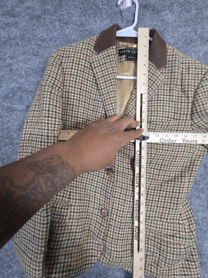 Blazer Ralph Lauren para mujer 10 pata de gallo tweed cachemir cuero cuello hecho en EE. UU. Foto 4 de 4