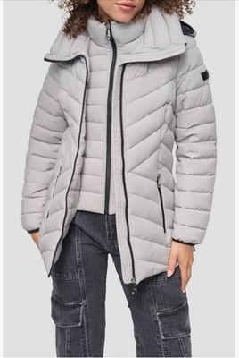DKNY Women s Stretch Water Resistant Hooded Puffer Jacket (light Grey) Sz Small