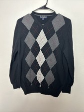 Club Room Men's M V-Neck Argyle Sweater 100 Pima Cotton Black Gray Red Pretty.
