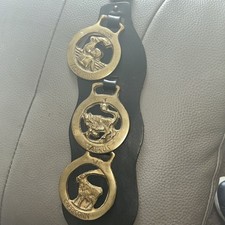 3 Vintage Horse Brasses on Leather Strap Aquarius, Taurus and a Capricorn