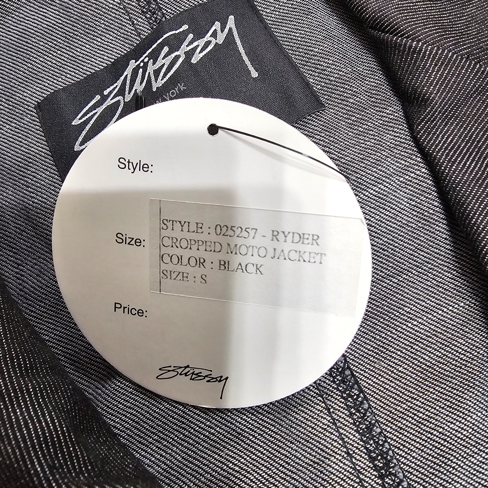 Stüssy women's denim biker jacket black sleeves size S Ryder Crop Moto Jacket thumbnail 14