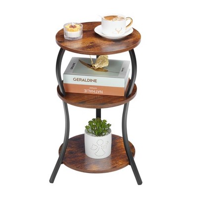 Small Round Coffee Table,  3  Tier  Shelf,  Compact  Nightstand,  Rustic  Brown
