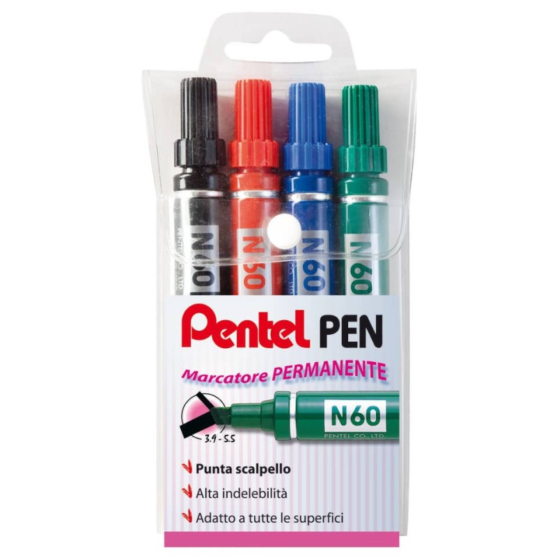 Marcatore permanente Pentel N60 con punta a scalpello 3,9/5,7 mm assortiti 4 pez