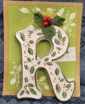 R Vintage Letter Initial White Porcelain Ganz Ornament Holly Leaf Gold Trim 4'' 