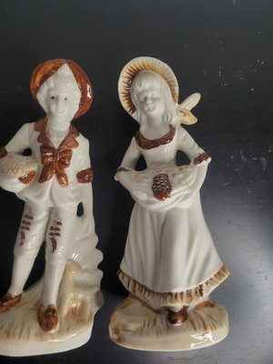 2 Vintage Porcelain Victorian Figurines Brown And White