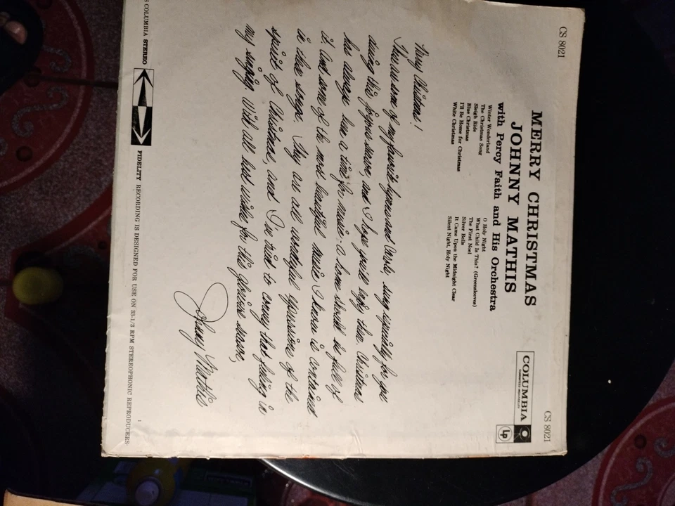 Merry Christmas Johnny Mathis Vinyl Record Album LP,  Columbia CS 8021 signed.  - Image 4 of 4