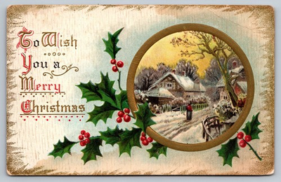 #ad Antique 1916 Christmas Postcard Embossed Winter Scene Minneapolis MN Holly $6.95