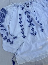 Vintage Romanian Hungarian Embroidered Blouse White Blue Sheer Peasant Top